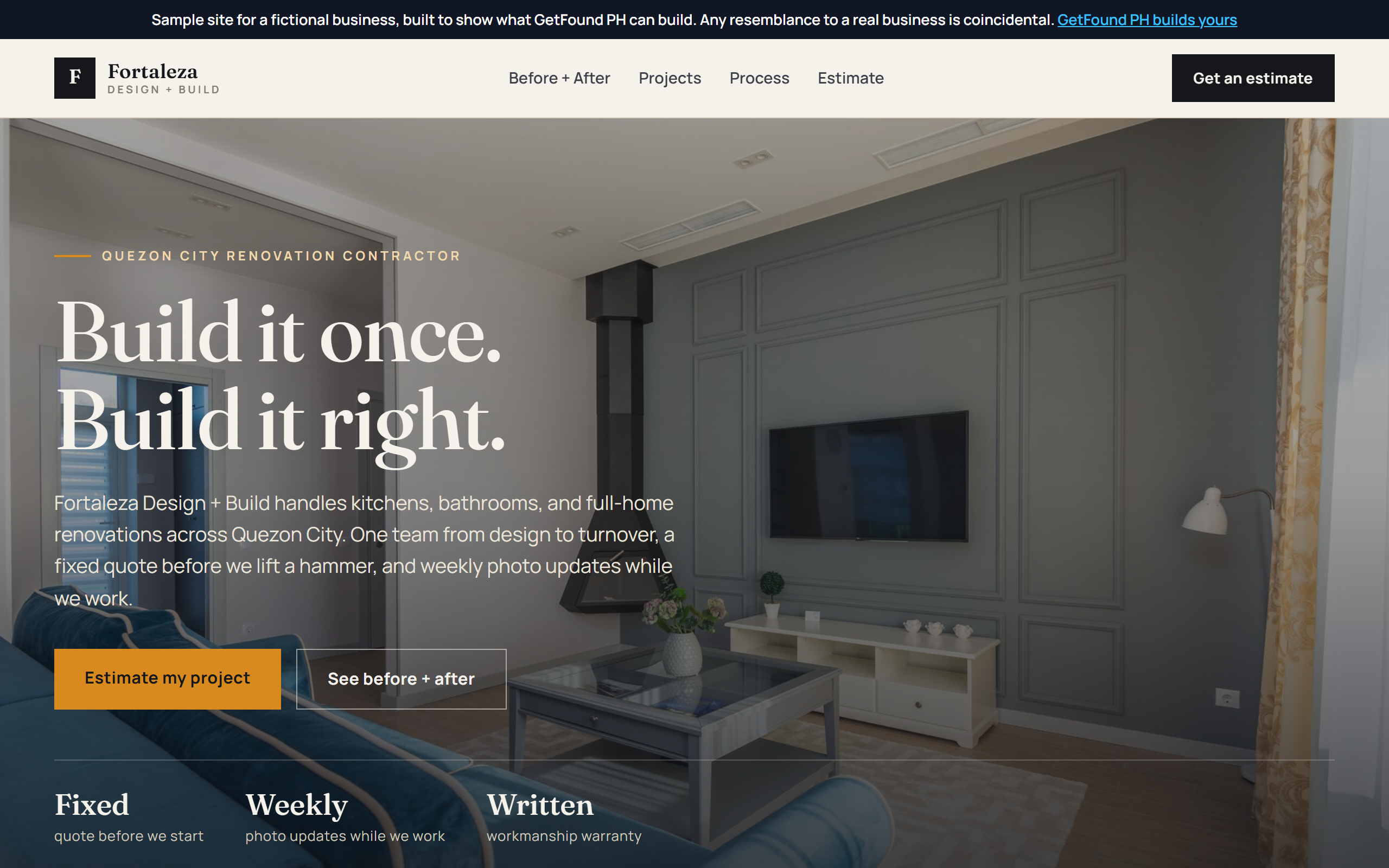 Sample contractor website with before and after sliders and quote estimator