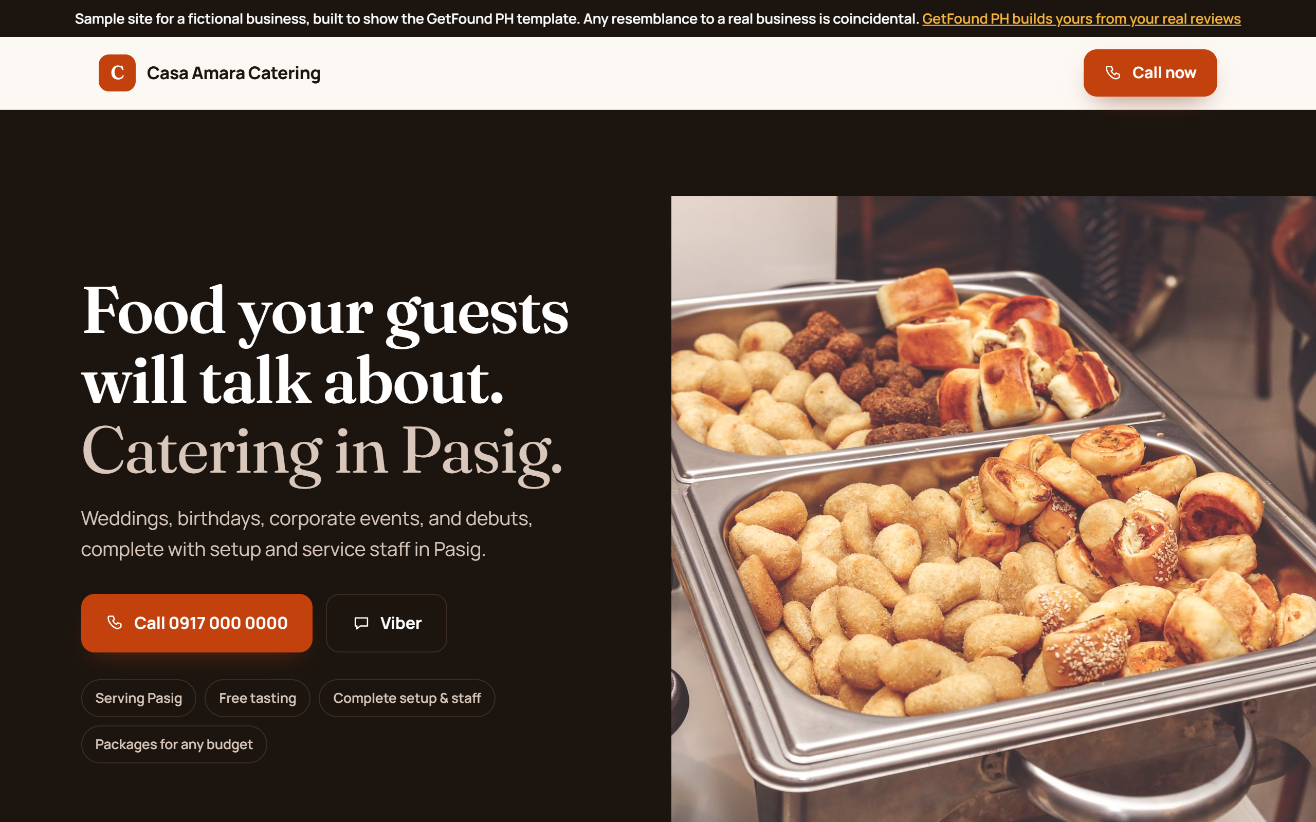 Sample simple catering website